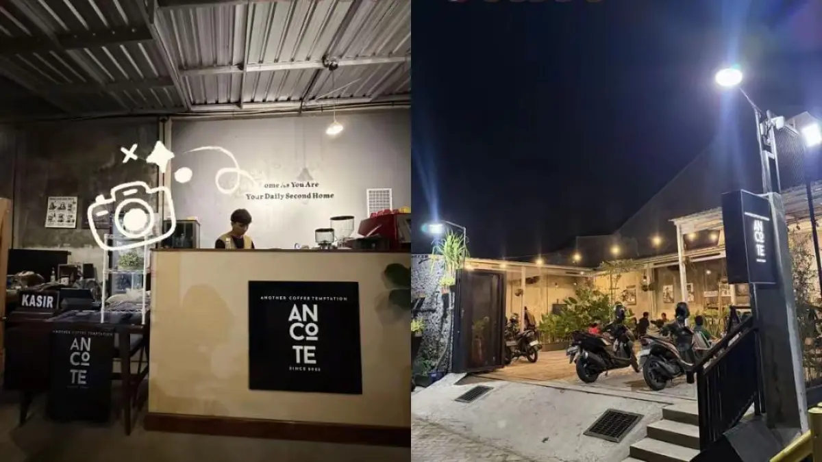Suasana Bar Ancote Caffe serta bagian depan cafe yang nyaman, menyediakan tempat duduk outdoor dan semi outdoor