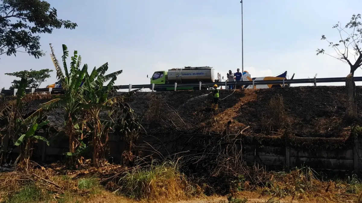 JINAKKAN API: Petugas gabungan damkar memadamkan api di sisi ruas tol Surabaya-Mojokerto sekitar pintu tol Penompo, Kecamatan Jetis, Kabupaten Mojokerto, Jumat (4/9). (Martda/JPRM)