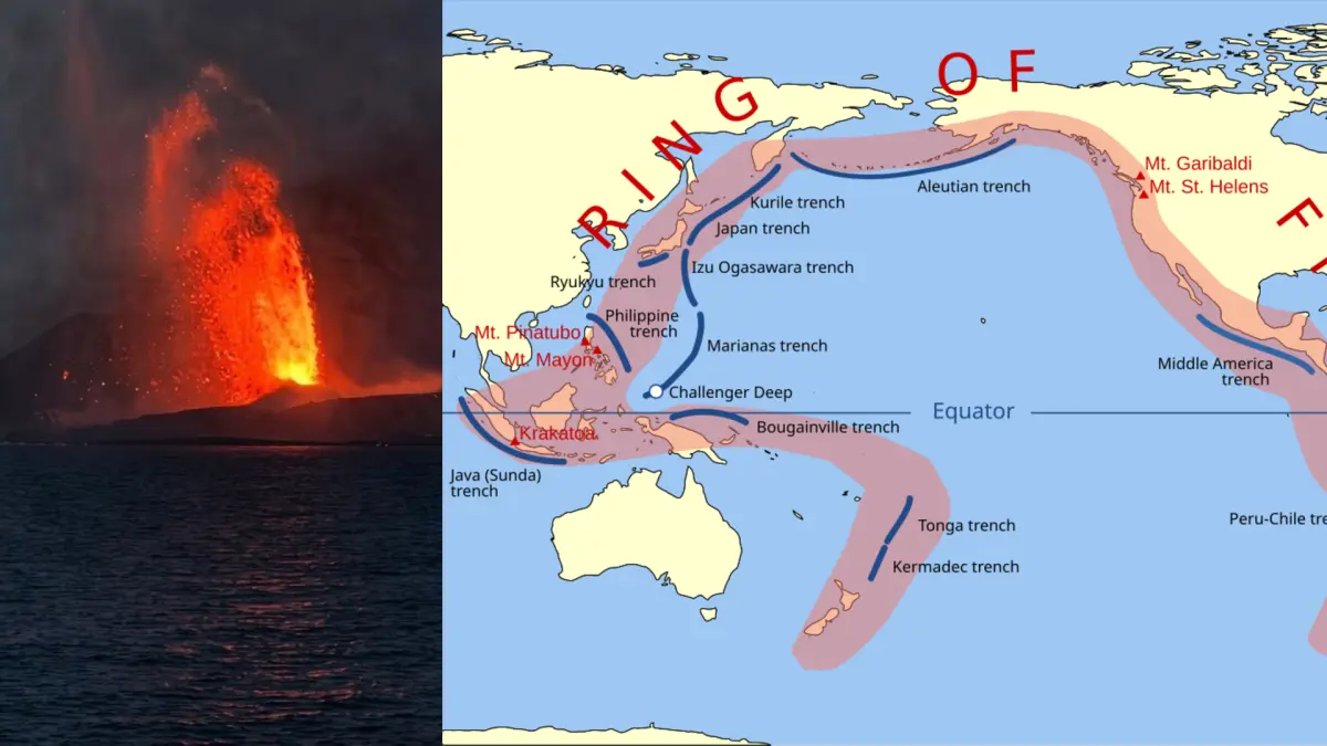 Erupsi Gunung Anak Krakatau (kiri) dan peta Ring of Fire (kanan). (Foto: Pemprov Lamong & Gringer/Wikipedia)