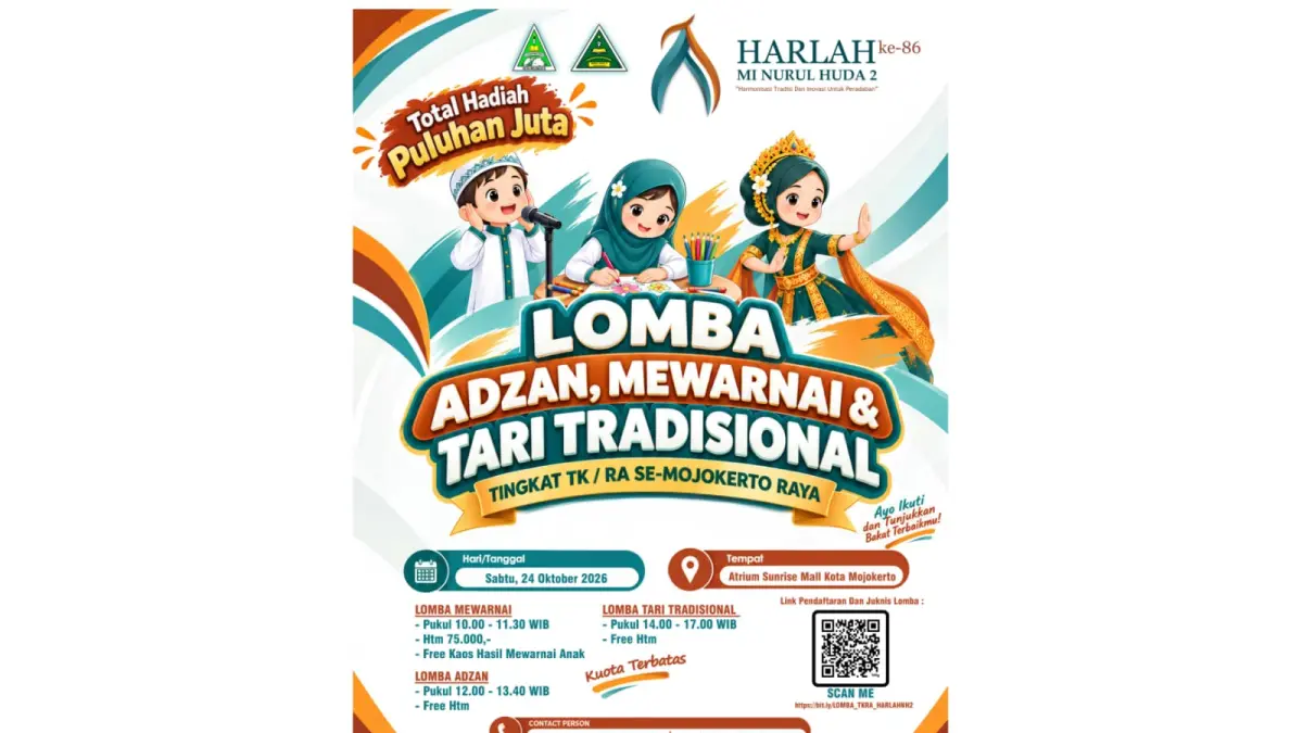 Flyer Lomba Adzan, Mewarnai, Tari Tradisional tingkat TK/RA Se-Mojokerto Raya.