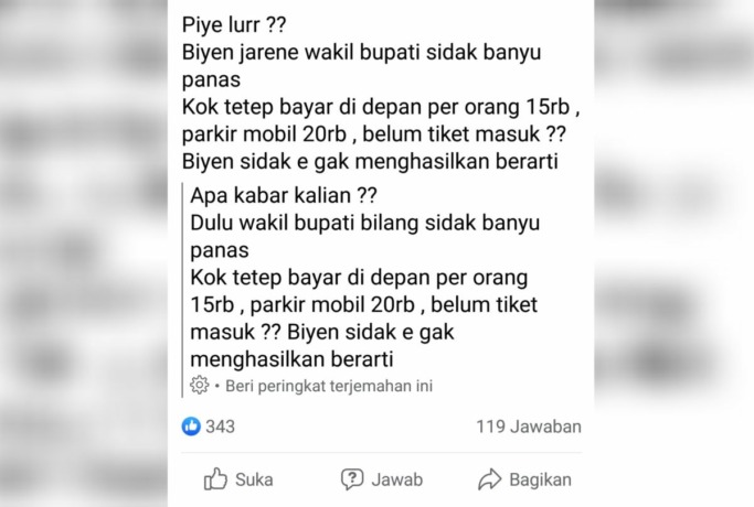 DICECAR NETIZEN: Tangkapan layar salah satu akun medsos yang panen komentar miring perihal tiket Wanawisata Padusan Pacet.
