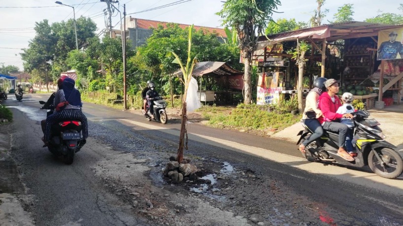 HATI-HATI:  Warga Dusun Krapyak, Desa Kutogirang, Kecamatan Ngoro, memasang pohon pisang di salah satu lubang jalan sebagai bentuk kekesalan warga atas imbas aktivitas galian C di Desa Srigading.