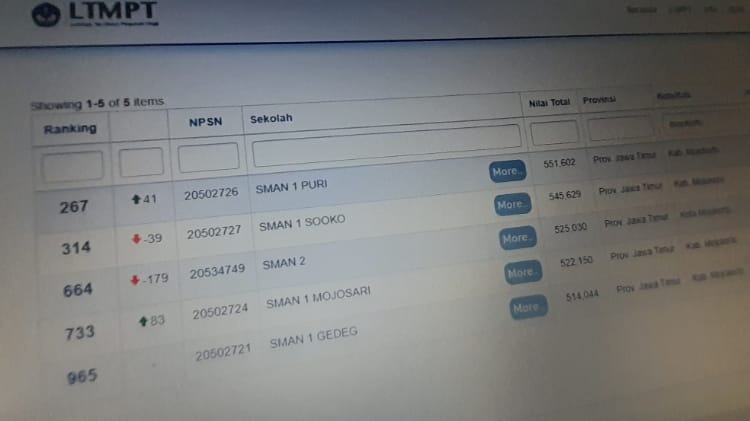 SEKOLAH TERBAIK: Hasil tangkapan layar peringkat SMA terbaik asal Mojokerto di laman LTMPT.