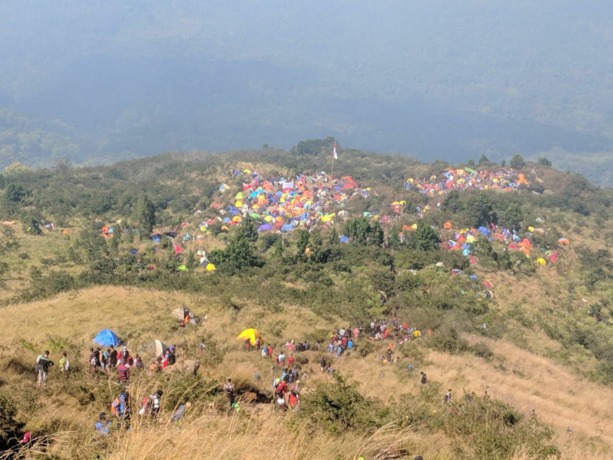 PADAT: Sejumlah jalur pendakian di Gunung Penanggungan, Kecamatan Trawas, Kabupaten Mojokerto, dipenuhi pendaki yang hendak memperingati HUT RI Ke-77 di puncak.