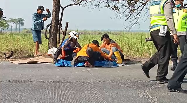 NAHAS: Korban kecelakaan di Jalan Raya Desa Parengan, Kecamatan Jetis, dievakuasi menuju RSUD RA Basoeni, Gedeg, Selasa (27/9). Yulianto Adi Nugroho/Jawa Pos Radar Mojokerto)