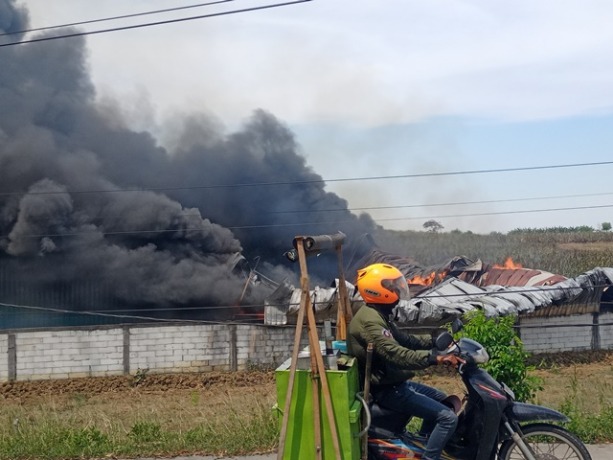 HANGUS: Kebakaran di pabrik pengolahan janggel, Desa Jatirowo, Kecamatan Dawarblandong,  Minggu (18/9). BPBD Kabuapaten Mojokerto tengah melakukan kajian terkait pos damkar di utar Sungai Brantas.