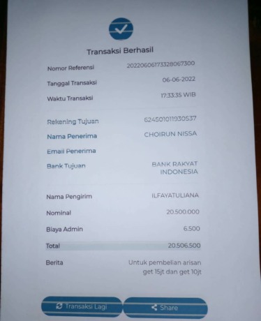 JEJAK TRANSAKSI: Bukti transfer uang dari peserta jual beli arisan online kepada terlapor.