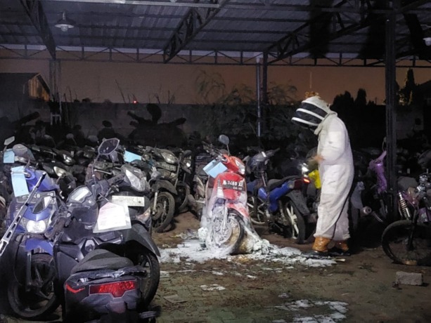 PENANGANAN: Petugas Damkar Kota Mojokerto mengevakuasi sarang tawon vespa dari barang bukti motor di kantor Kejari Kota Mojokerto, Jumat (13/1) malam. (Yulianto Adinug/Jawa Pos Radar Mojokerto)