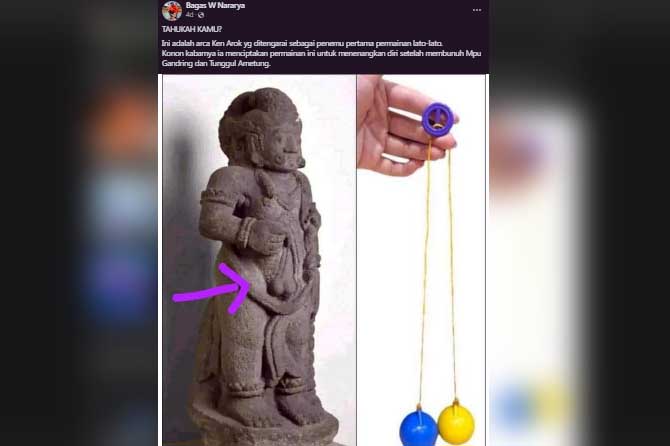Tangkapan layar unggahan netizen yang menyebut sebuah arca tengah main lato-lato. Arca yang menampilkan dua bulatan itu bukan main lato-lato, tapi menampilkan buah zakar. (dok Radar Bromo)