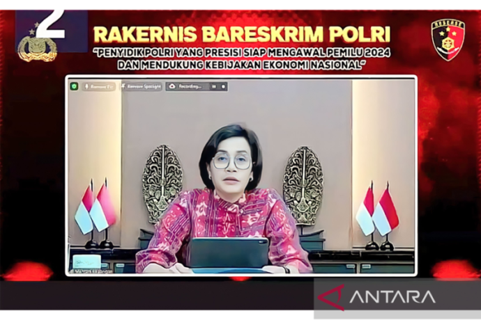 Menteri Keuangan (Menkeu) Sri Mulyani dalam Rakernis Bareskrim secara virtual di Jakarta,. (ANTARA/Agatha Olivia Victoria)