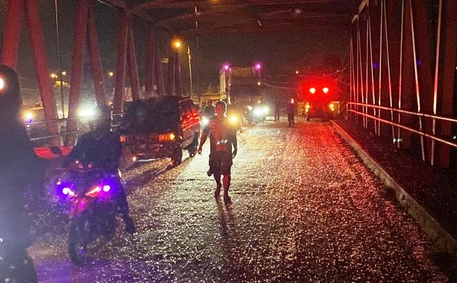BAHAYA: Kendaraan melintas di Jembatan Desa Ngrame, Kecamatan Pungging, Kabupaten Mojokerto, yang dikerumuni hewan klaper, tadi malam. (Yulianto Adi Nugroho/JPRM)