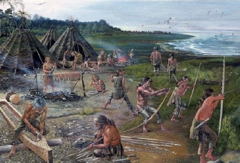PURBAKALA: Ilustrasi yang menggambarkan kehidupan masyarakat zaman batu besar atau megalitikum. Masyarakat kala itu sudah mengenal aksesosi manik-manik. (Ilustrasi dok Museum PIM BPK Wilayah XI Jatim for JPRM)