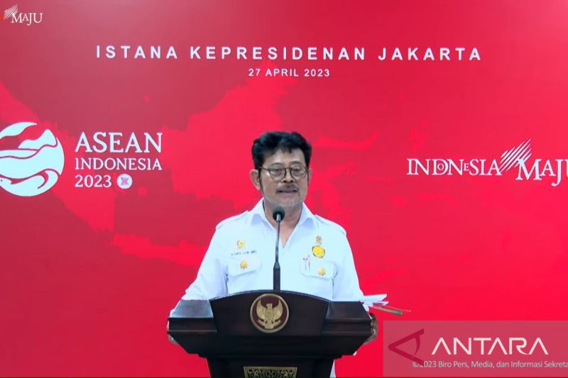 Tangkap layar Menteri Pertanian Syahrul Yasin Limpo dalam konferensi pers di Kompleks Istana Kepresidenan Jakarta yang disiarkan secara virtual, Kamis (27/4/2023). ANTARA/Mentari Dwi Gayati