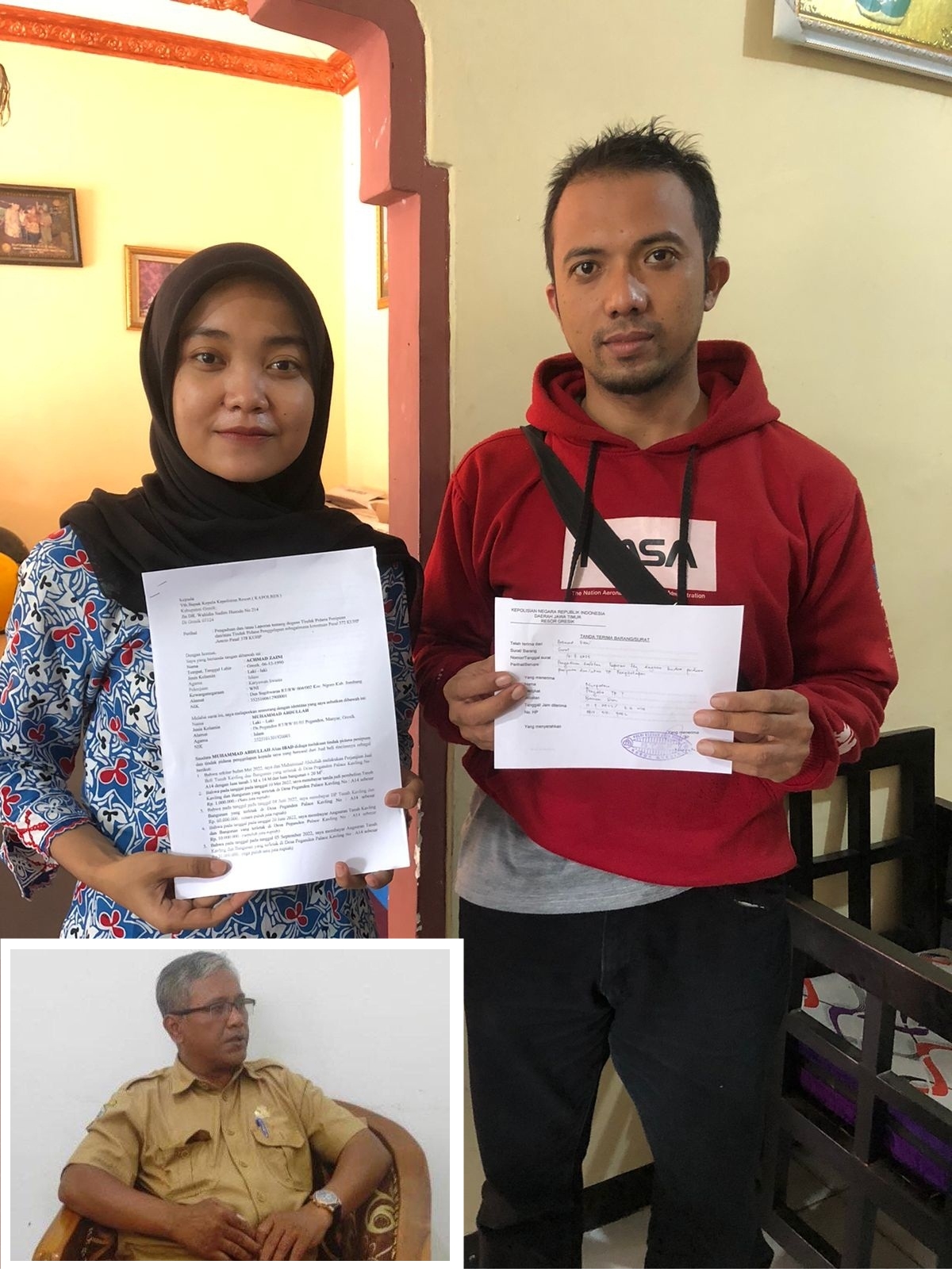 KORBAN BERTAMBAH: Pelapor Achmad Zaini menunjukan surat bukti laporannya ke Polres Gresik. FOTO INSERT, KLARIFIKASI: Kepala Desa Peganden Kecamatan Manyar Mustain