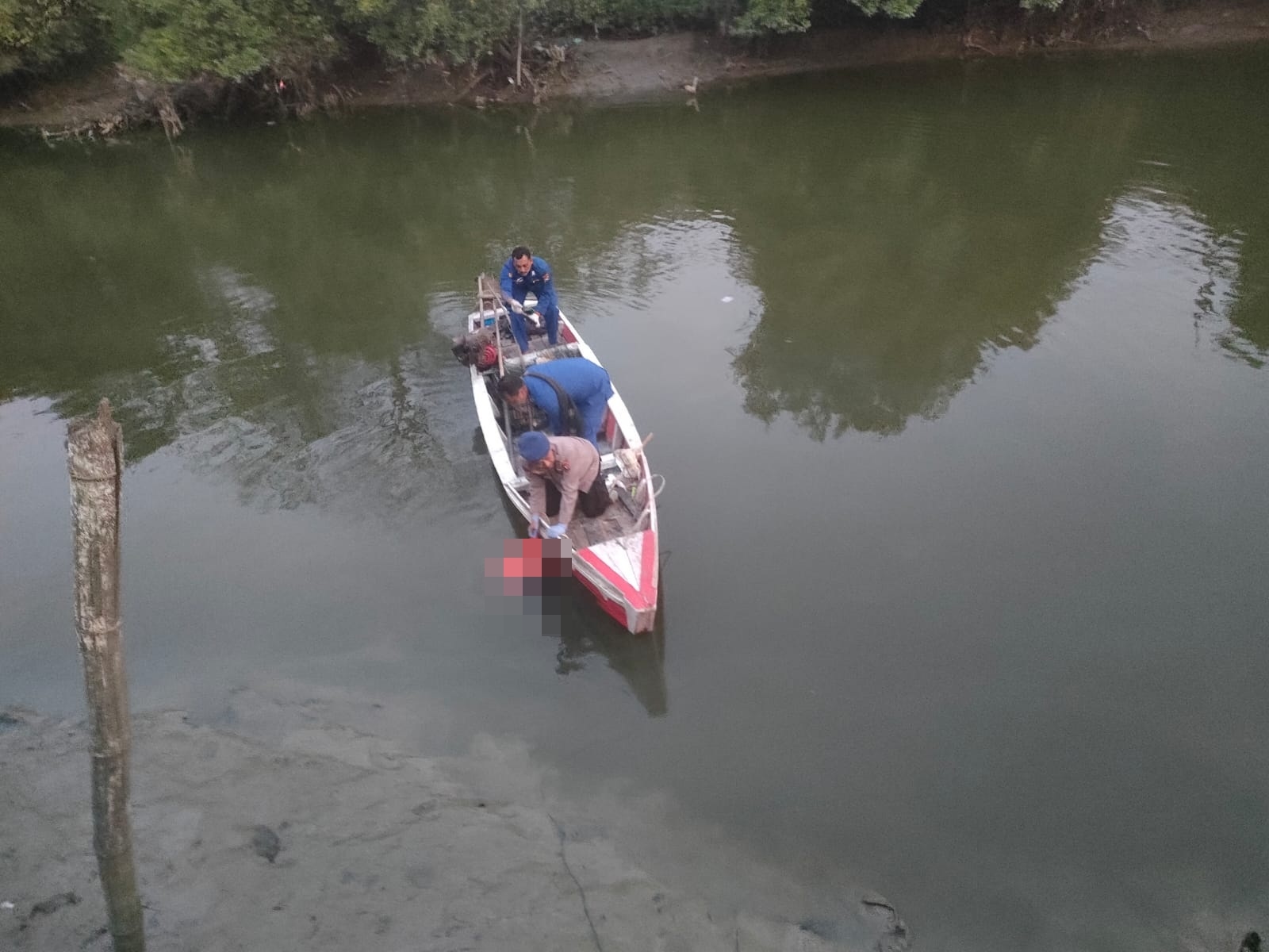 DIEVAKUASI: Anggota Polisi saat mengevakuasi mayat tanpa Identitas tang tenggelam di Mangrove Kali Lamong Gresik, Desa Sukorejo, Kecamatan Kebomas.