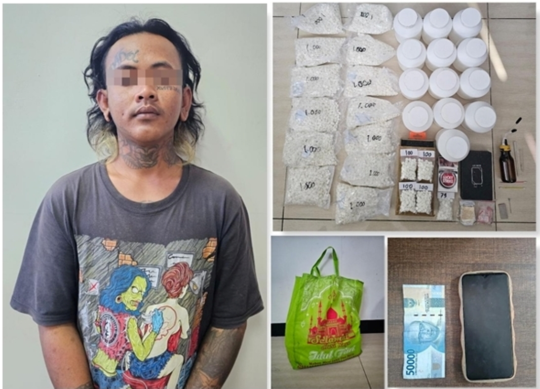 DIAMANKAN : Tersangka Moh. Bagus Saputra alias Boim dan barang bukti saat diamankan di Mapolres Gresik.