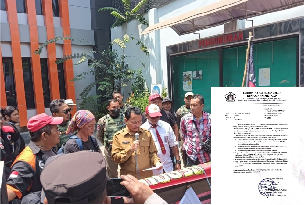 SEPAKAT: Kadispendik Gresik S Hariyanto saat membacakan instruksi larangan pungutan di sekolah kepada peserta demo. INSET : surat keputusan Dispendik Gresik