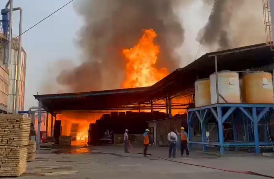 Membara : Api yang membakar PT Nankai Indonesia sejak Kamis Pagi hingga kini belum bisa dijinakkan bahkan mulai merembet ke area pabrik tiga.