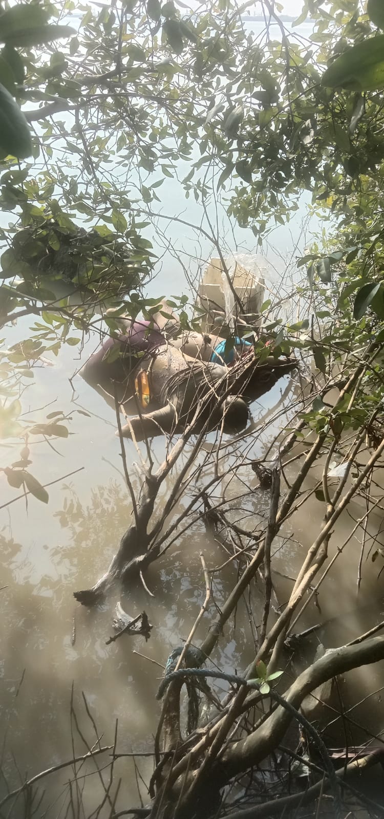 DIEVAKUASI : Anggota Satpolairud Polres Gresik saat mengevakuasi jenazah pasutri yang ditemukan meninggal di hutan Mangrove di wilayah Mengare dekat pelabugan Jiipe.
