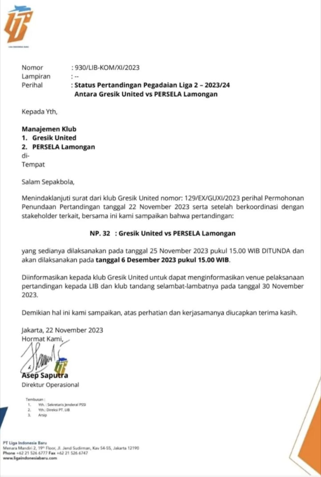 Surat penundaan pertandingan Gresik United Vs Persela Lamongan