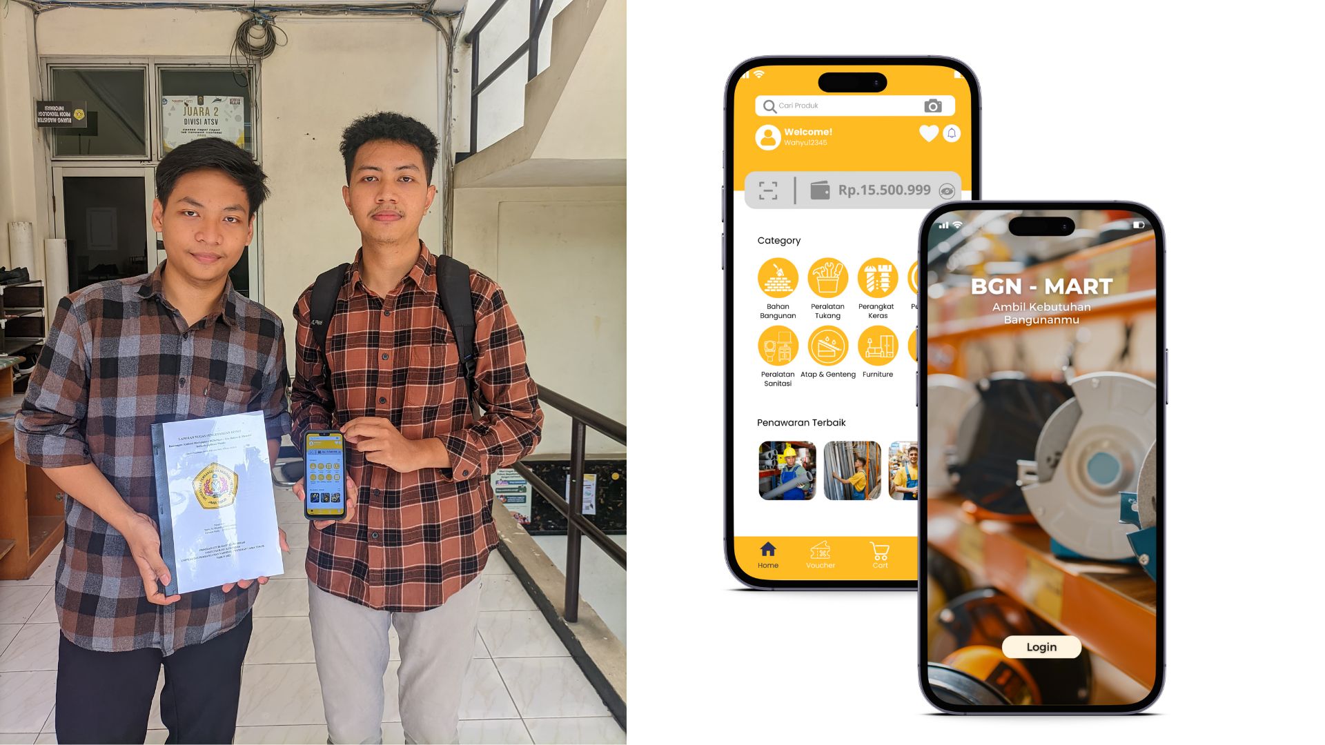 Dua mahasiswa UPN Veteran Jatim kembangkan Aplikasi marketplace BGN-Mart . Kanan : Tampilan Aplikasi marketplace BGN-Mart dalam smartphone.