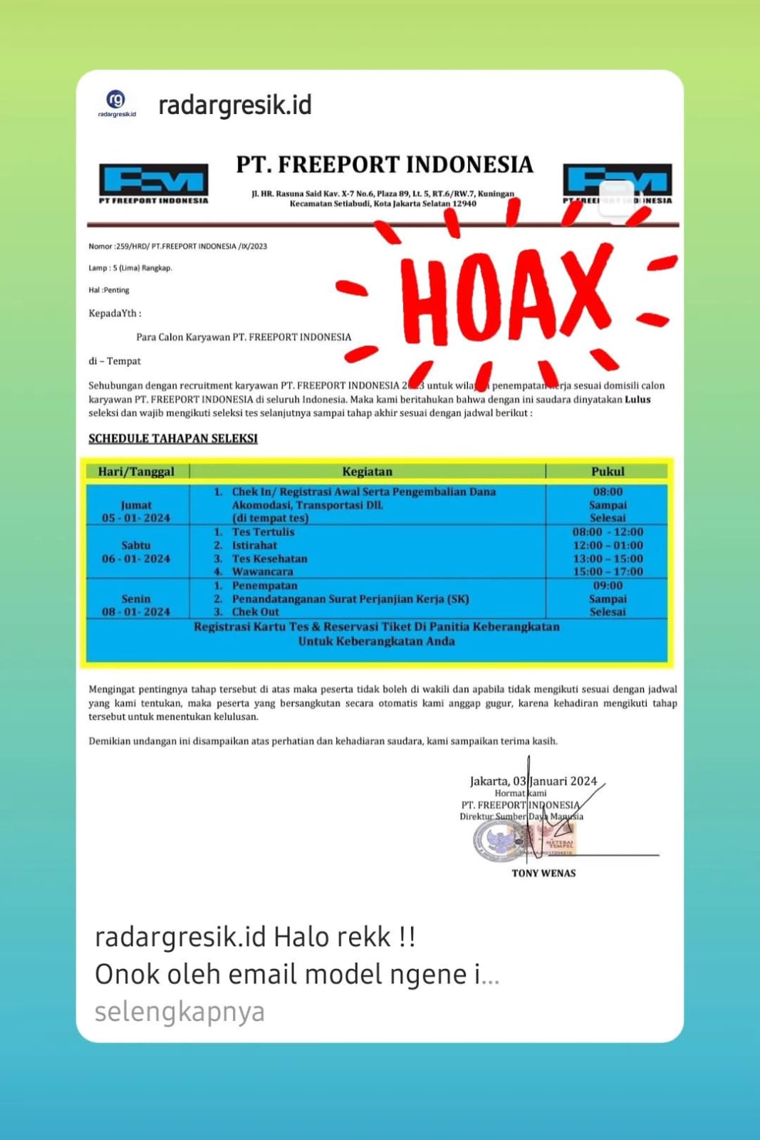 Awas Tertipu : Masyarakat diminta berhati-hati saat menerima email yang mengatasnamakan PT Freeport Indonesia.