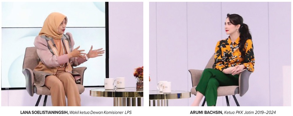 BINCANG-BINCANG : Wakil Ketua Dewan Komisioner LPS Lana Soelistianingsih, dan Ketua PKK Jatim 2019&ndash;2024 Arumi Bachsin dalam talk show Festival Literasi Cakap Keuangan.