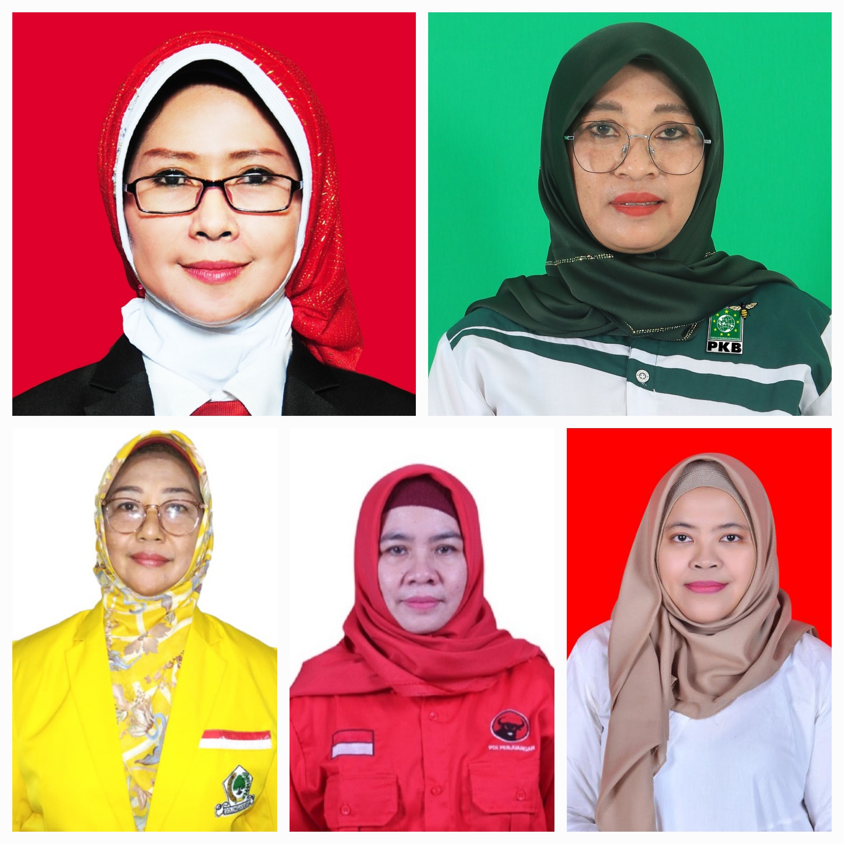 MENURUN: Lima perempuan yang berhasil terpilih pada Pileg Gresik 2024, ada Nur Saidah (Gerindra) dan Jamiyatul Mukarromah (PKB) Komsatun (Golkar), Elvita Vetty (PDIP) dan Ricke Mayumi (Gerindra).