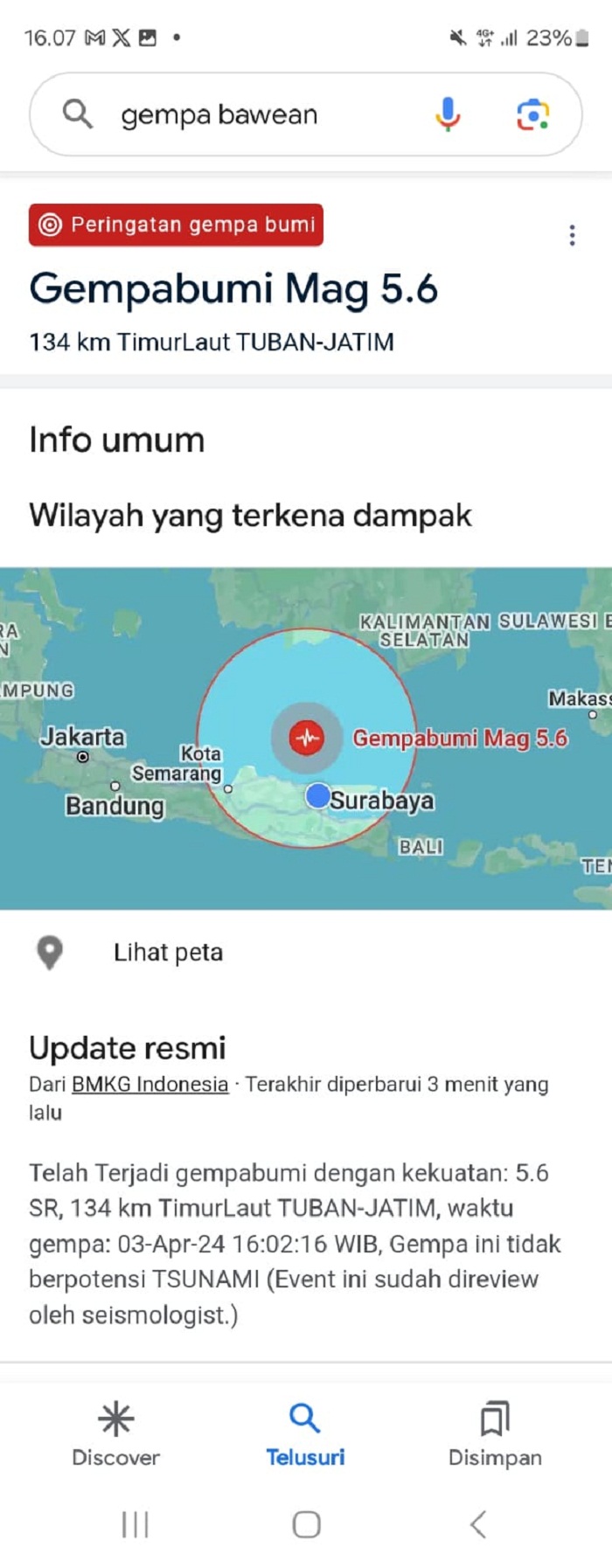GEMPA BAWEAN: Warga di Gresik merasakan gempa bumi dengan kekuatan magnetudo, pada Rabu (3/4/2024) (Instagram BMGKG/Radar Gresik)