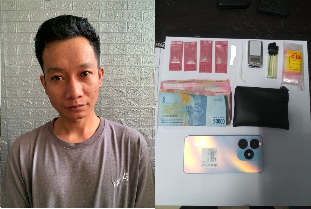 DIAMANKAN : Tersangka Nurul Anwar alias Frengky beserta barang bukti diamankan anggota Satreskoba Polres Gresik.