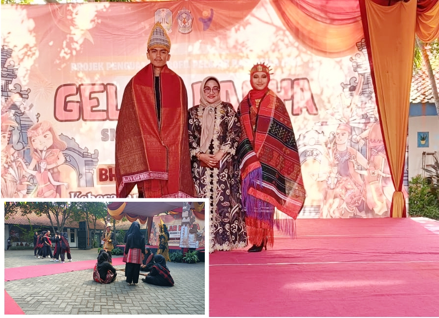 BHINEKA: Kepala SMA Negeri 1 Manyar Dra. Dian Kartikowati, M.M membuika kegiatan dengan didampingi siswa. Insert : Salah stau kreasi siswa yang ditampilkan di hadapan walimurid.