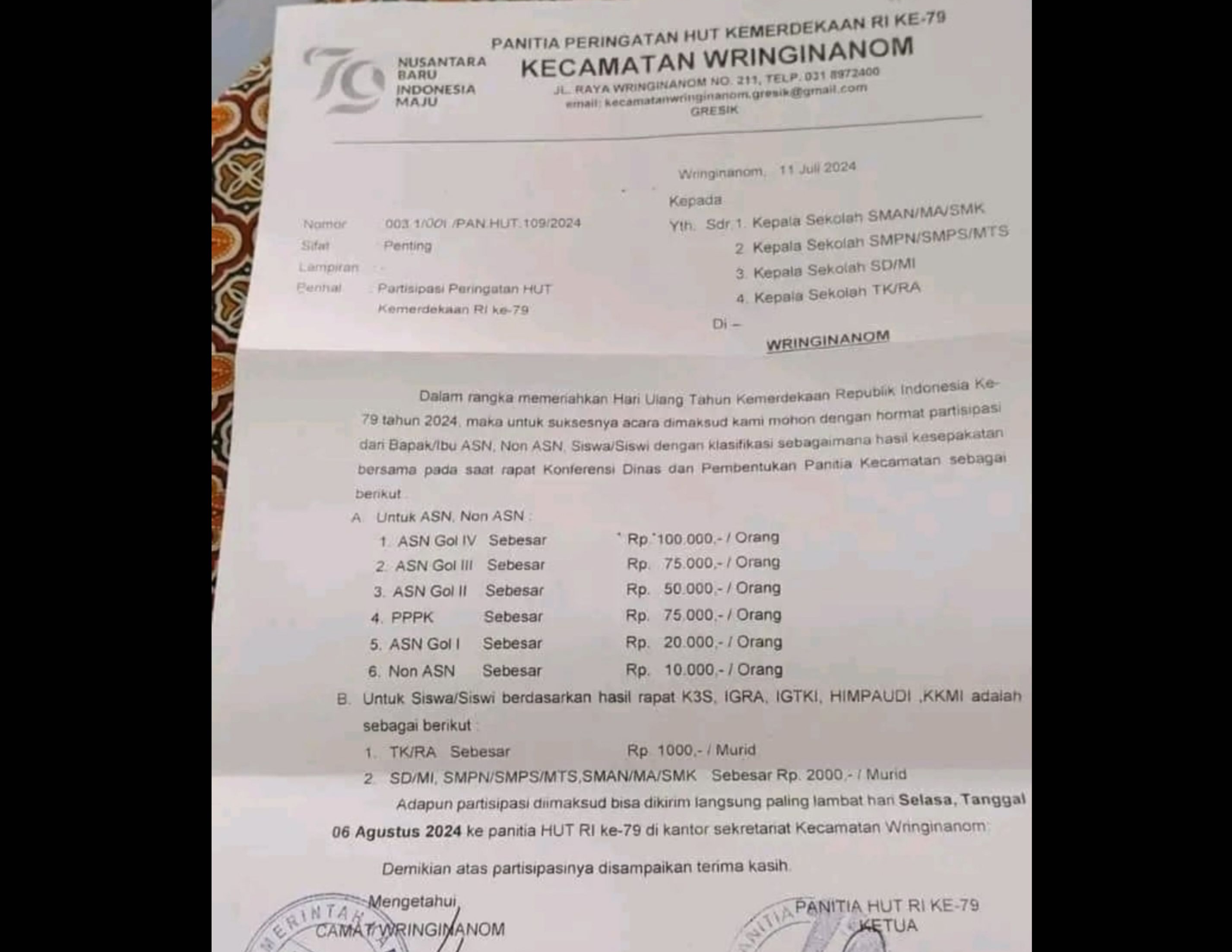 Surat Panitia Peringatan HUT RI Pemerintah Kecamatan Wringinanom beredar disejumlah media sosial (medsos).