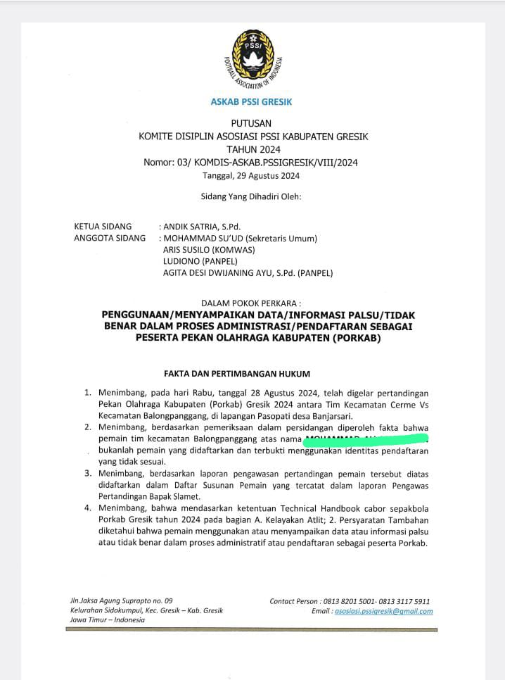 Komdis ASKAB Gresik mengeluarkan kartu merah gagal tim Balongpanggang