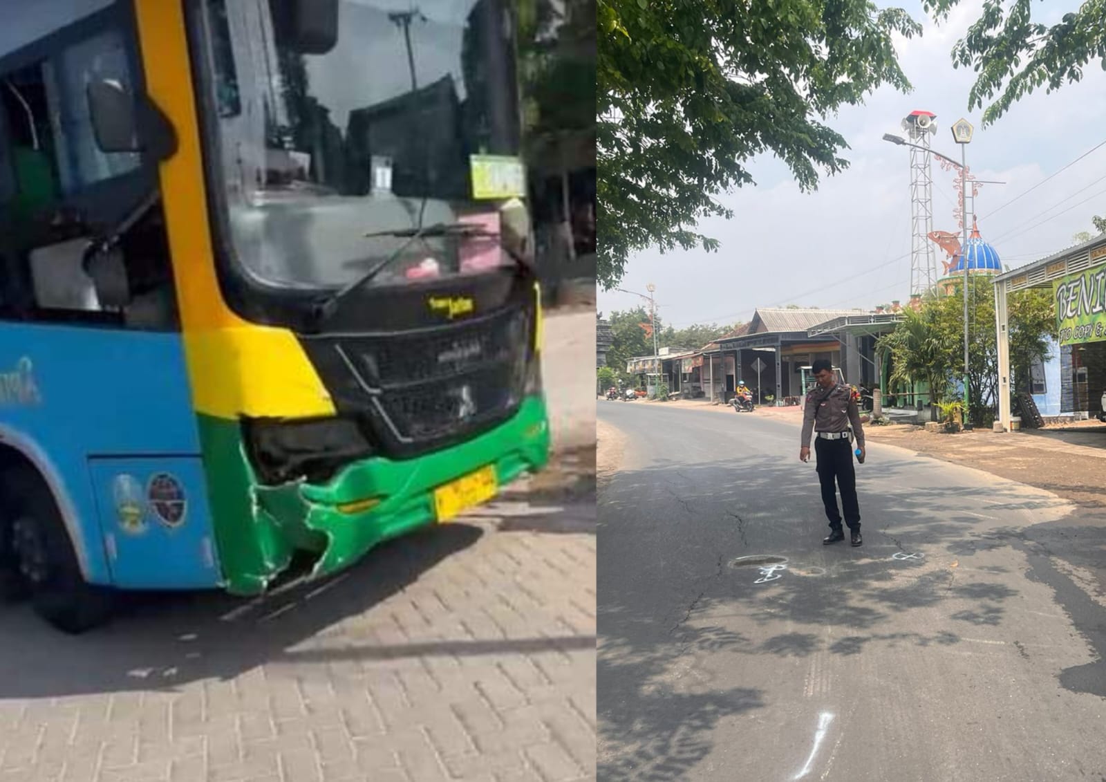 KECELAKAAN: Bus Trans Jatim usai kecelakaan di Balongpanggang serta olah TKP yang dilakukan oleh Polres
