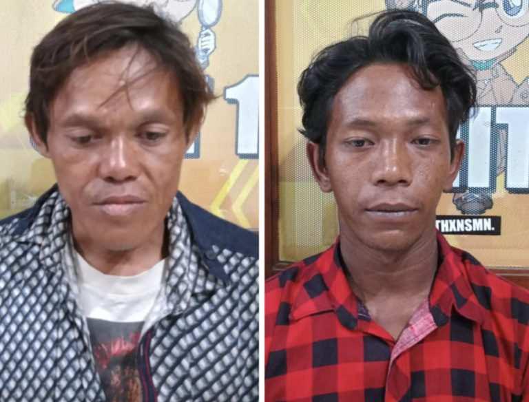 DIAMANKAN : Kedua tersangka Retono dan Sumaji saat diamankan di Mapolsek Driyorejo.