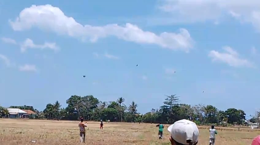 BERADU TAGKAS : Ratusan warga saat beradu tangkas dan meriahkan lomba layang - layang Sawangan di Dusun Tambak Tengah, Kecamatan Tambak, Pulau Bawean, Kabupaten Gresik.