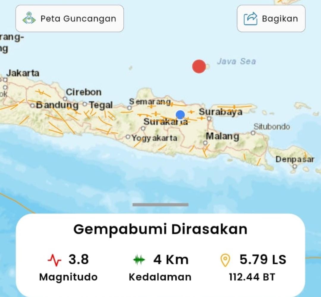 GEMPA : Gempabumi Tektonik M3,8 Dirasakan di Bawean, Gresik.