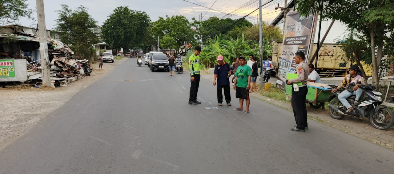 OLAH TKP: Anggota Unit Laka Satlantas Polres Gresik saat melakukan olah TKP kecelakaan di Jalan Raya Desa Boboh, Kecamatan Menganti Gresik.