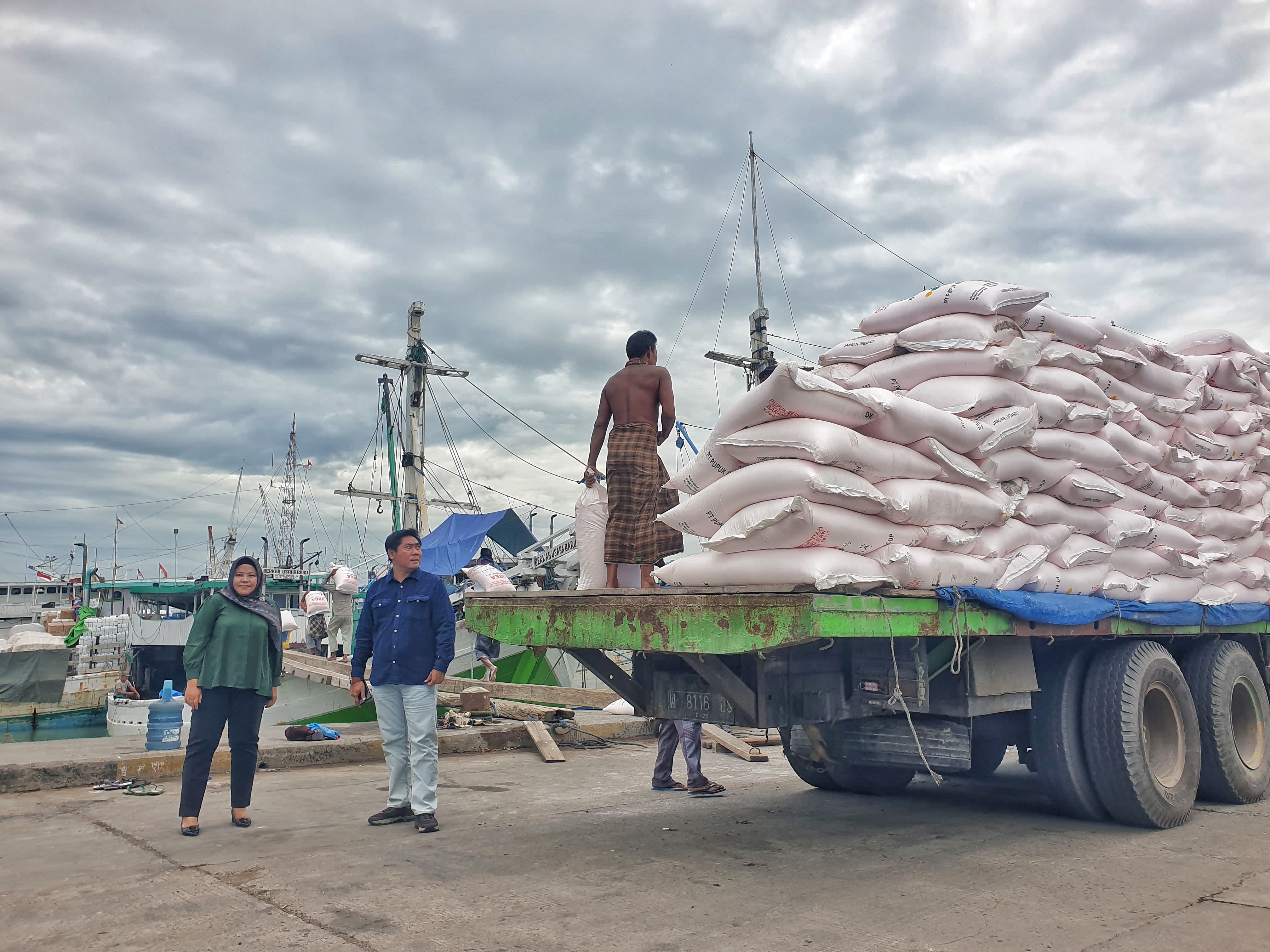 MEMANTAU: Wakil Ketua DPRD Gresik Lutfhi Dawam dan Anggota Komisi II Ricke Mayumi, terjun langsung untuk memantau distribusi pupuk subsidi Bawean di Pelabuhan Gresik.
