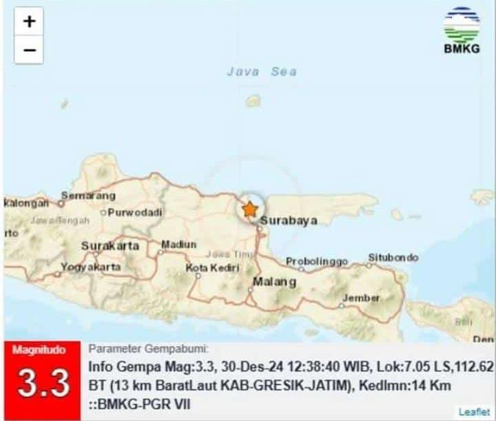 Laporan BMKG terkait Gempa Magnitudo 3,3 di Kabupaten Gresik