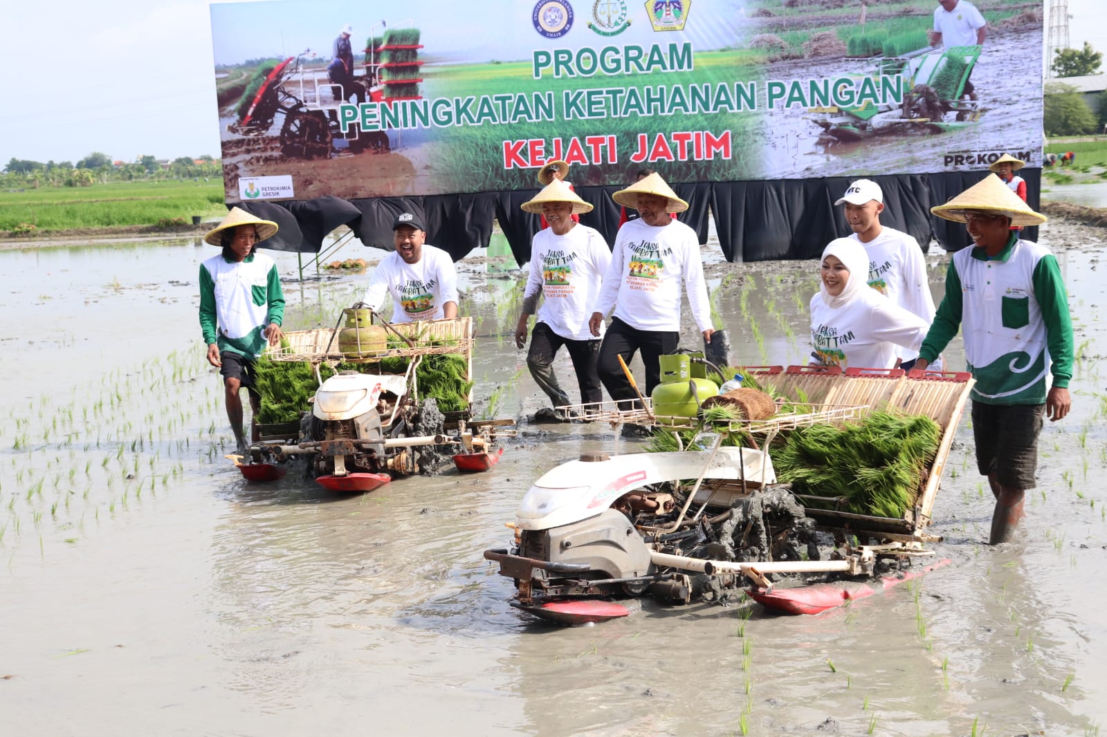 Bupati Gresik Fandi Akhmad Yani, Direktur Utama PT Petrokimia Gresik, Dwi Satriyo, Kepala Kejati Jatim Mia Amiati, pejabat Forkopimda Gresik dan para petani saat melakukan proses pembibitan