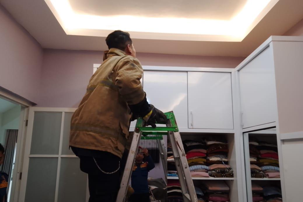 EVAKUASI: Petugas Damkarla Kabupaten Gresik saat melakukan evakuasi ular cobra yang berada di atas lemari rumah warga di Perumahan Swan Menganti Mas, Desa Pelemwatu, Kecamatan Menganti, Kabupaten Gre