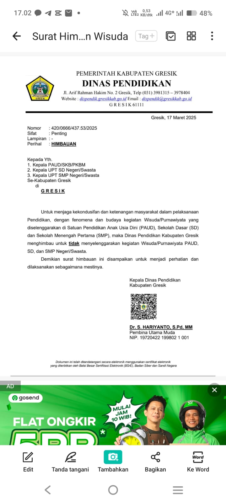 Larangan imbauan wisuda