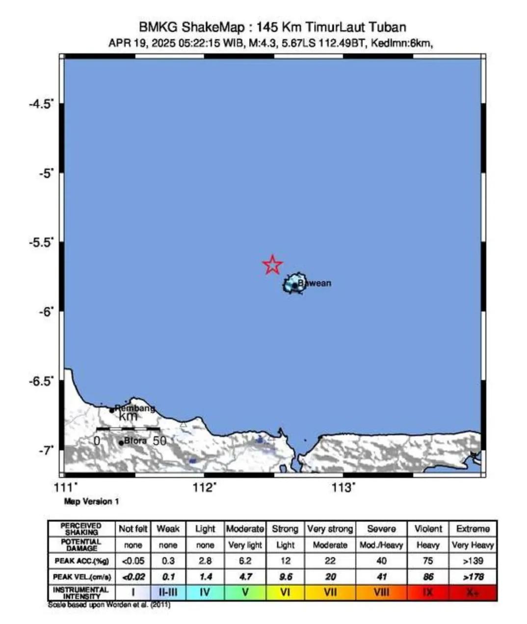 GEMPA BUMI: Gempa Bumi berkekuatan 4,3 Magnitudo kembali Guncang Pulau Bawean, Gresik.