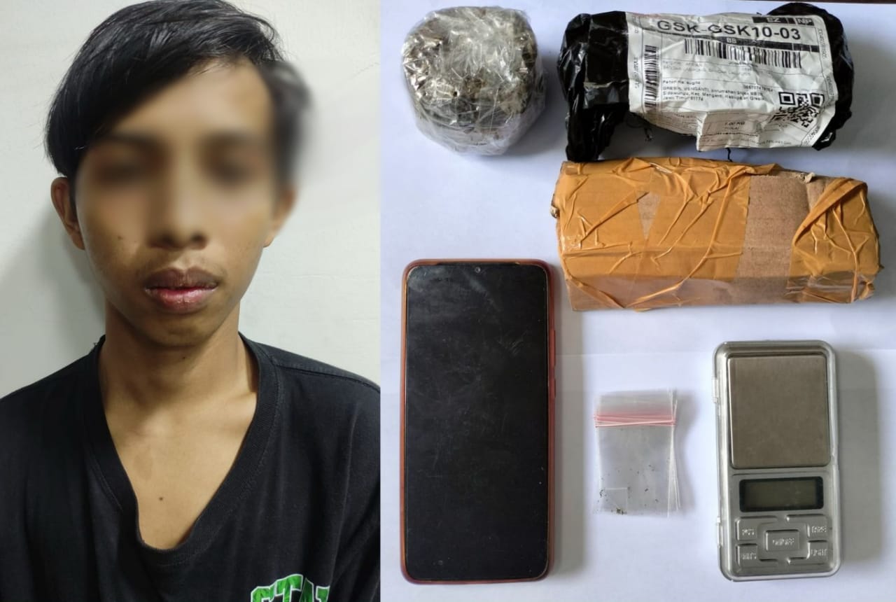 DIAMANKAN : Tersangka RYP beserta barang bukti Narkotika jenis ganja diamanakan di Mapolres Gresik.