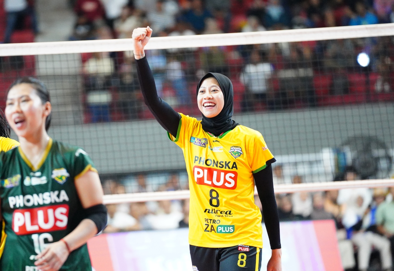 Megawati Hangestri pada pertandingan perebutan Juara 3 Proliga 2025 antara Gresik Petrokimia Pupuk Indonesia (GPPI) vs Jakarta Electric PLN di GOR Among Rogo, Yogyakarta