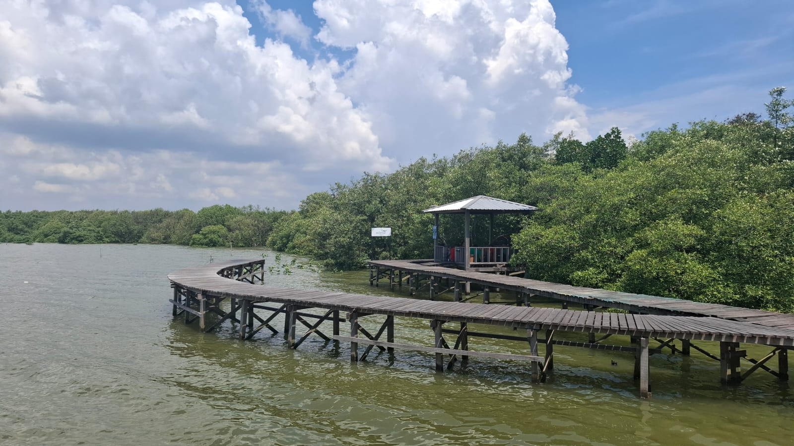 LIBURAN PANJANG: Pengunjung menikmati suasana tenang di Hutan Mangrove Karangkiring, Gresik, saat liburan panjang.