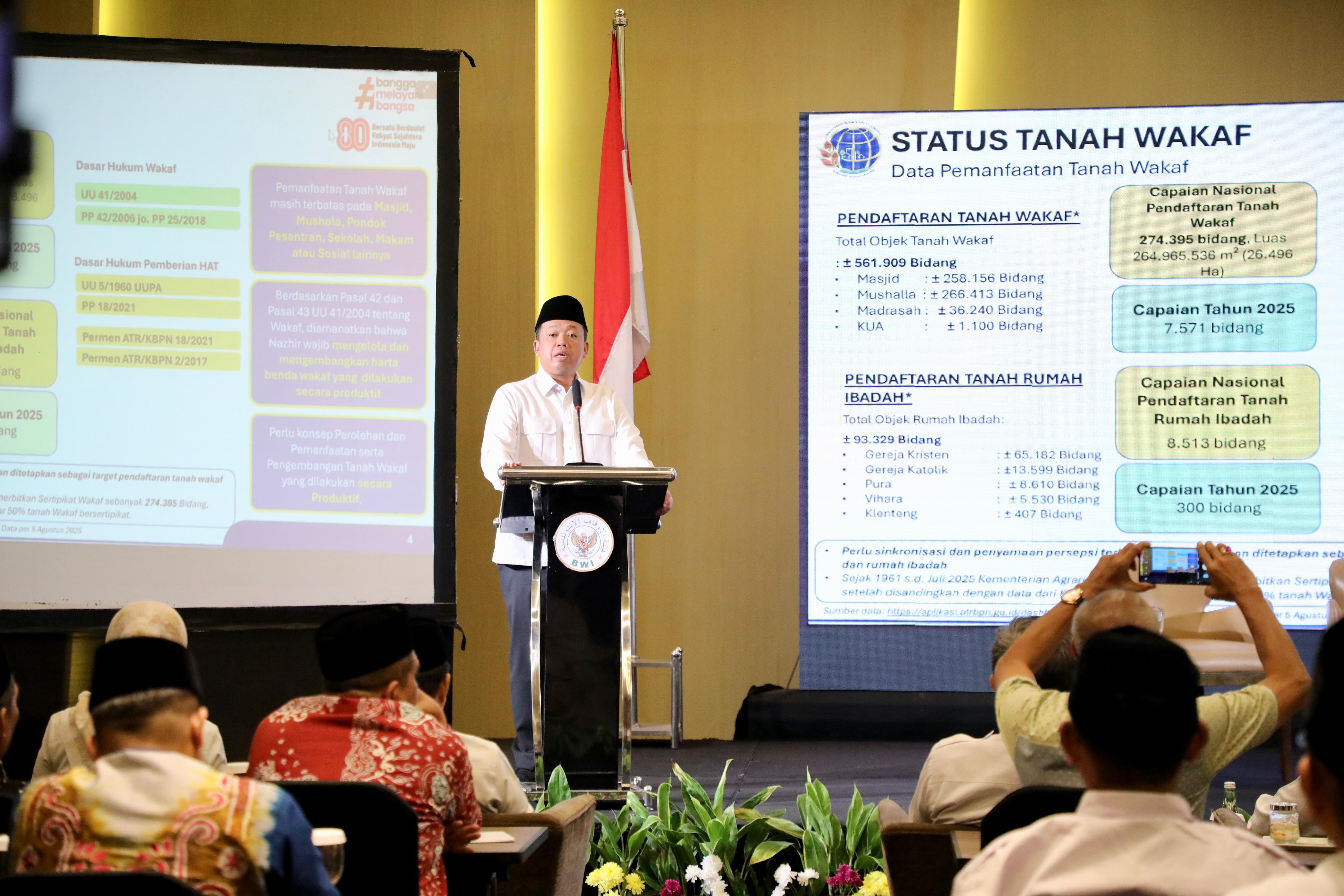 Target pemerintah sertifikasi 90&ndash;95 persen tanah wakaf selesai 2028, kata Menteri ATR/BPN Nusron Wahid di Rakernas BWI.