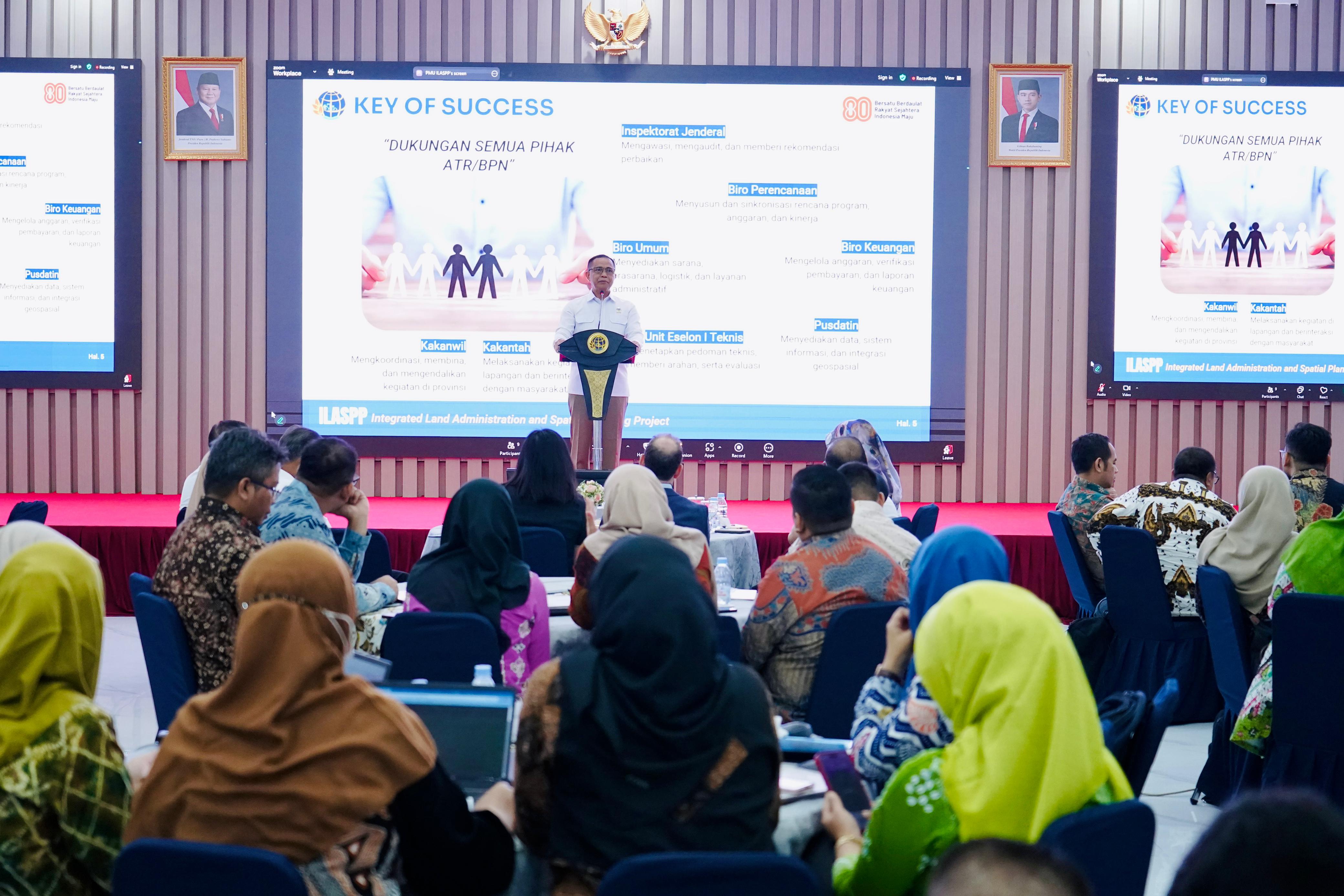 Sekjen Kementerian ATR/BPN Pudji Prasetijanto Hadi membuka Bimtek ILASPP di Aula Prona, Jakarta, 20 Agustus 2025.