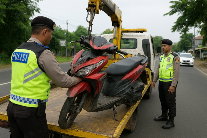 DIEVAKUASI : Kendaraan korban dievakuasi anggota kepolisian usai terjadi kecelakaan di Jalan Raya Desa Wringinanom, Kecamatan Wringinanom, Gresik.